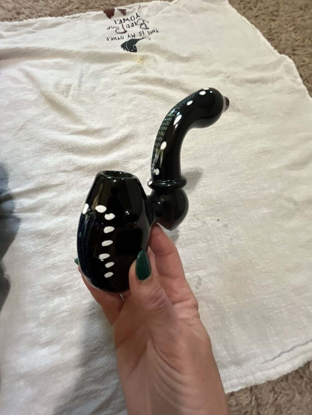 Black and White Polka Dot Glass Hand Piece with Iridescent Accents